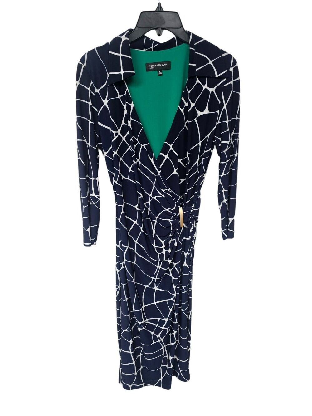 Jones New York Faux Wrap Dress Size 6 Navy Knee Length Slinky Knit 3/4 Sleeves